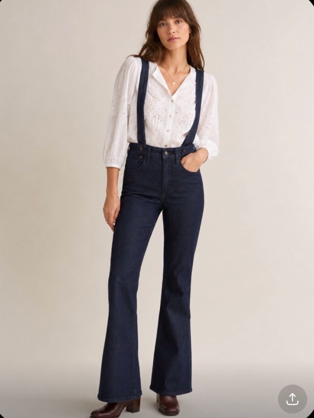 Sézane High-Rise Dark Blue Flared Jeans with Suspender Straps for Women Size 10